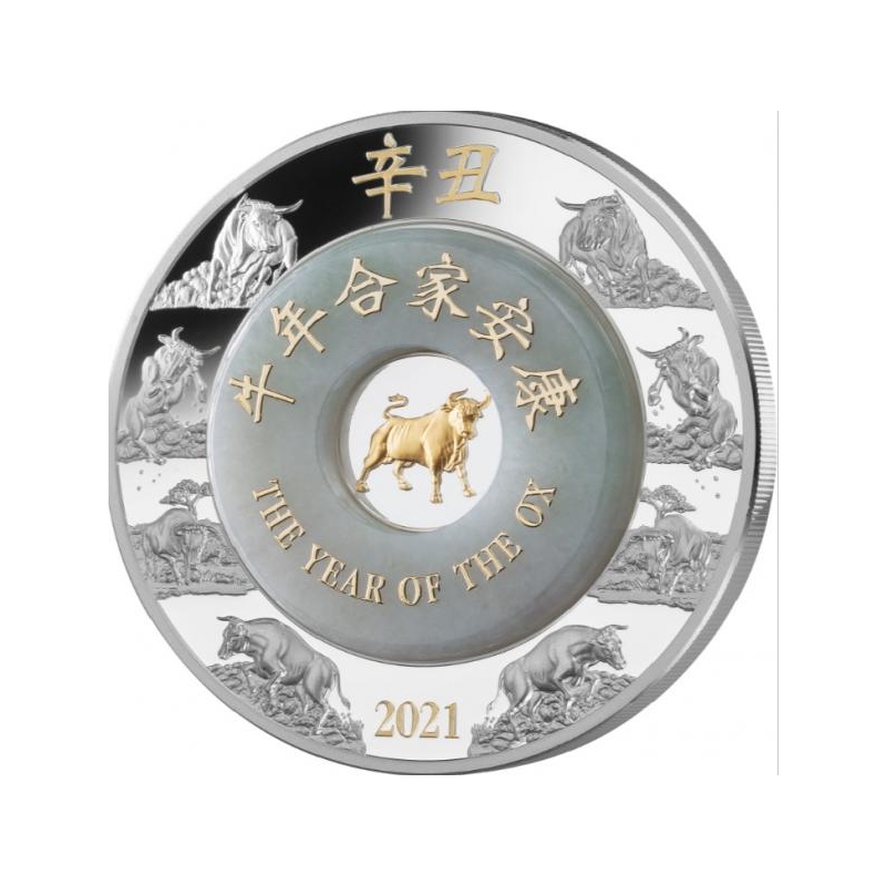 Lunar Year of the Ox 2021. Laos 2000 2021 2 oz % silver coin with real  jade @ Aurea Regina - modern coin expert