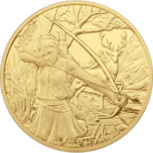 Olümpose jumalused ja sodiaagimärgid. Artemis & Ambur - Samoa 0,2 $ 2022.a. kullatud vasknikkelmünt 25 g