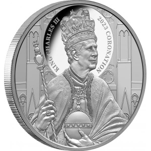 Kuningas Charles III kruunaus. Niue 1 $ 2023 99,9€ hopearaha, 31.1 g