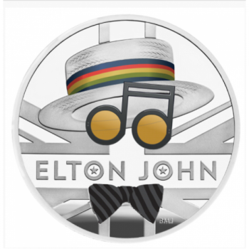  «Легенды музыки» -Элтон Джон Великобритания 2 £ 2020 г. 99,9% серебряная монета c цветной печатью, 1 унция