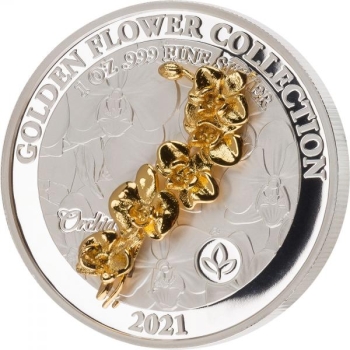Золотые 3D цветы - Орхидея. Самоа 5$ 2021. г. 99,99% серебряная монета, 1 унция