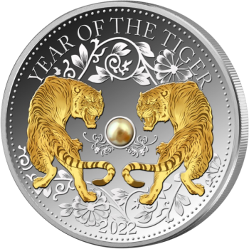 Lunar Year of the Tiger 2022 - 10$ Fiji 2021 1 oz 99,9% silver coin with real pearl and selective goldplating