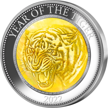 Год Тигра 2022 г. - Острова Кука 25$, 99,9% серебряная монета со вставкой из натурального перламутра, 5 унций.