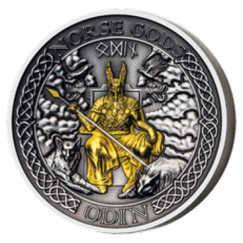 Скандинавские боги. Один - Острова Кука  1 $ 2021 99,9% серебряная монета с антик обработкой и с позолотой, 2 унции