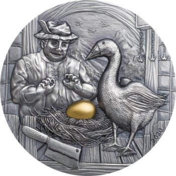 "Гусь, который отложил золотые яйца" - Пословицы и поговорки. Палау, 10$, 2020.г. 99,9% серебряная монета с цветной печатью, с антик обработкой, вес-62.2 г.
