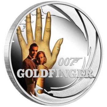 James Bond -007 ja Kultasormi. Tuvalu 1/2 $ 2021. 99,9% hopearaha väripainatuksella, 15,53 g