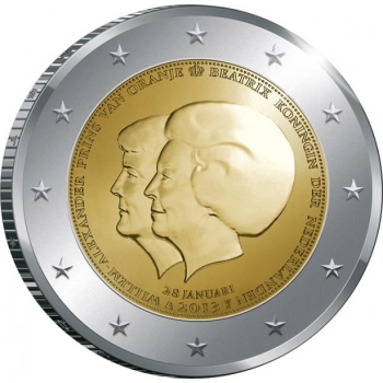 Madalmaade 2013 a 2€ juubelimünt - Tema Majesteet kuninganna Beatrixi troonist loobumisest teatamine