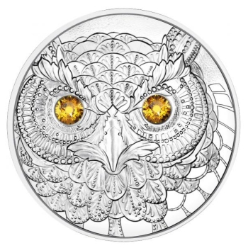 Сова - символ мудрости. Австрия 20€ 2021 г. 92,5% серебряная монета с кристаллами Swarovski® 20,74 г