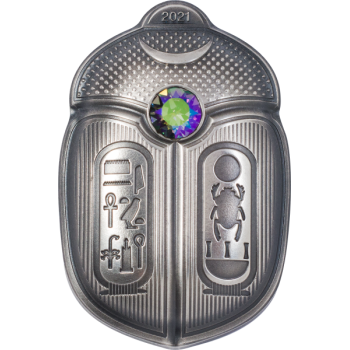 Scarabeus King Tut   Palau 5 $ 2021.v.  antiikkipatinoinoitu 1 unssi 99,9% hoperaha,  vihreä kristalli