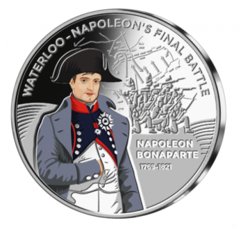 Waterloo - Napoleonin viimeinen taistelu - Gibraltar 50 Pence 2021 Kokonaisuus kolmesta 99,9% hopearahasta väripainatuksella
