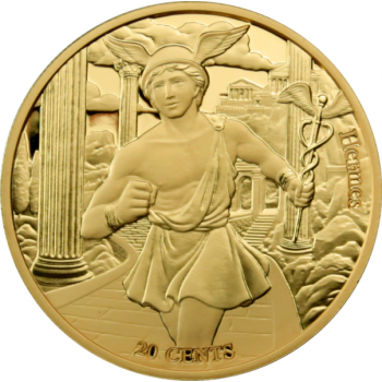 The Twelve Olympians in the Zodiac - Hermes & Cancer. Samoa 0.20 $ 2021  Gold plated Copper/Nickel coin