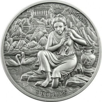 The Twelve Olympians in the Zodiac - Aphrodite & Taurus. Samoa 5 $ 2021  antique finish 99,9% silver coin, 62,2 g