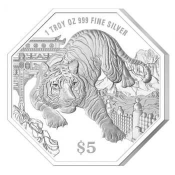 Tiigri aasta 2022 - Singapuri 5$ 2022.a.  99,9% hõbemünt, 31,1 g