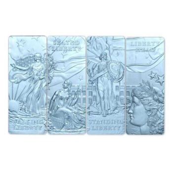 „Lady Liberty" -  Barbados 2022.v. 4 x 5 $ 99,99% hopearaha setti, 4 x 1 unssi