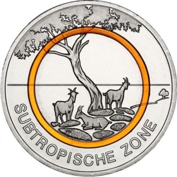 Saksa  5€ 2018 v. Subtrooppinen ilmastoalue, polymeerirengas  (setti A, G, J, D, F rahapaja) 