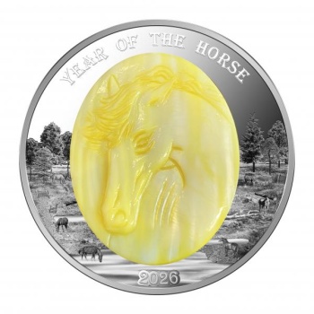 Lunar Year of the Horse. Solomon Islands 5$ 2026 99,9% Silver Coin  with the Mother of Pearl, 5 Oz