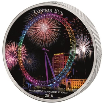 Landmarks at Night. London Eye. Ivory Coast 2,000 Francs CFA 2018. 99,9% silver coin, 2 oz