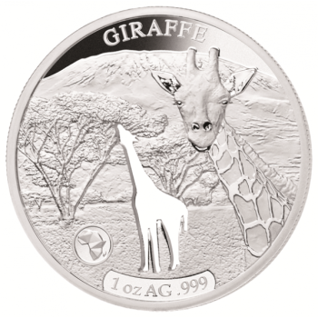 «Животные Африки - Жираф»,  Джибути 250$ 2018 г. 99,9% серебряная монета с безупречным разрезом, 31.1 г. 