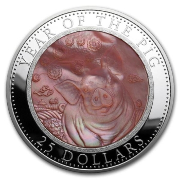 Year of the Pig Cook Islands 25$ 2019 99,9% Silver Coin  with the Mother of Pearl, 5 Oz