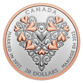 "Palju õnne pulmapäevaks!" - Kanada 20 $ 2022.a. 1-untsine 99.99% hõbemünt roosa kullatisega