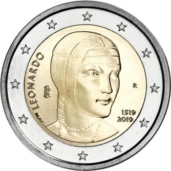 2 € юбилейная монета  2019 г. Италия - 500 лет со дня смерти Леонардо да Винчи