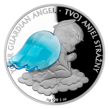 Silver Crystal Coin "Your Guardian Angel" Niue Island 2$ 2021. 99,9% silver coin with cut Bohemian crystal, 1 oz