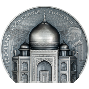 "Тадж-Махал."  - Острова Кука, 25$, 2025. г., 99,99% серебряная монета с антик обработкой, 155 г.