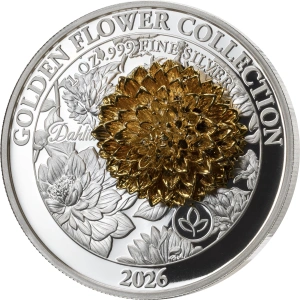 Golden Flower Collection - Dalia. Samoa 5$  2026 99,9% Silver Coin with 3D Golden Flower. 1 oz.