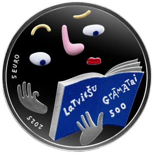 Latvialainen kirja 500. - Latvija 5 € 2025. v. 99,95% hopearaha väripainatuksella., 23 g