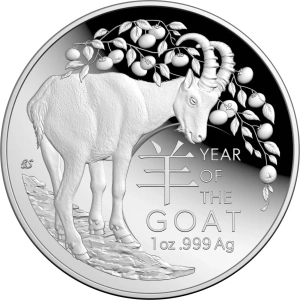 Lunar Year of the Goat. Australia $5 2027  Proof Domed 1 oz 99,9% Silver Coin