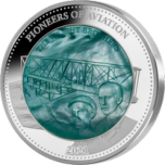 Lennunduse pioneerid - Vennad Wrightid - Saalomoni saarte 25$, 2021.a. 5-untsine 99,9% hõbemünt ehtsa  pärlikarbi sisuga