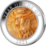  Год Быка 2021 г. - Острова Кука 25$, 99,9% серебряная монета со вставкой из натурального перламутра, 5 унций.