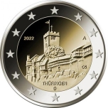 2 € юбилейная монета 2022 г. Германия - Федеральная земля Тюрингия. Замок Вартбург.