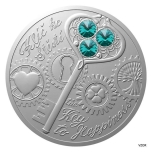 "Ключ к счастью" - 2$ о. Ниуэ, 2022 г. 99,9% серебряная монета с  Preciosa кристаллами в форме клевера 31,1 г.