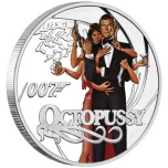 James Bond - Octopussy – mustekala. Tuvalu 1/2 $ 2021 99,9% hopearaha väripainatuksella, 15,53 g.