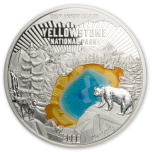 Yellowstone'i rahvuspark- Barbadose 5$ 2022.a. värvlilse emailaga 99,9% hõbemünt, 150 g 