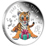 "Тигрёнок"  (рождён в год тигра). - Тувалу 1/2 $ 2022 года. 99,99% серебряная монета с цветной печатью, 15,553 гp.