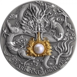 Draakoni jumalikud pärlid -  Niue Saarte 5 $ 2022.a.  antiikviimistlusega 2-untsine 99.9% hõbemünt kullatise ja pärliga