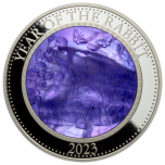 Год Кролика 2023 г. - Острова Кука 25$, 99,9% серебряная монета со вставкой из натурального перламутра, 5 унций.