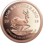 Крюгеррэнд 2019. южноафриканская 91,69%  золотая монета, 1/50 унция
