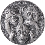 «Три мудрых обезьяны» - Гана. 5 седи 2022 г. 99,9% серебряная монета с антик обработкой, 31,1 г.