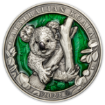 „Colours of  Wildlife. Koala" Barbados 5$ 2022 99,9% silver coin with translucent green enamel. 3 oz 