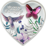 "Блестящая любовь" - Бабочка - Острова Кука 5$ 2023 г. 99,9% серебряная монета c цветной печатью и с кристаллом, 20 г.