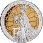 Kuningatar Elizabeth II kruunajaisten vuosipäivä 70 vuotta - Tokelau 2023 v. 10$  99,9% hopearaha kultauksella. 155 g