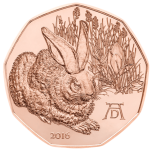  «Молодой заяц»  (рисунок)", Альбрехт Дюрер .- Австрия, 5 €, 2016 г. медная  монета, 8,5 г.
