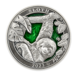 „Colours of  Wildlife. Sloth" Barbados 5$ 2023 99,9% silver coin with translucent green enamel. 3 oz 
