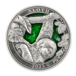 „Colours of  Wildlife. Sloth" Barbados 5$ 2023 99,9% silver coin with translucent green enamel. 3 oz 