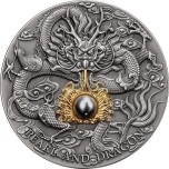 Must pärl ja draakoni jumalikud pärlid -  Niue Saarte 5 $ 2023.a.  antiikviimistlusega 2-untsine 99.9% hõbemünt kullatise ja pärliga