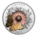 "Бабочка монарх и цветок астры" - Канада, 50$, 2023 г.  99,99% серебряная монета, 5 унций.