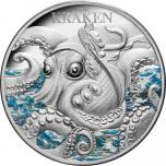 Müütilised olendid – Kraken. Niue Saarte 5 $ 2023a.  värvitrükis 99.9% hõbemünt. 62,2 g